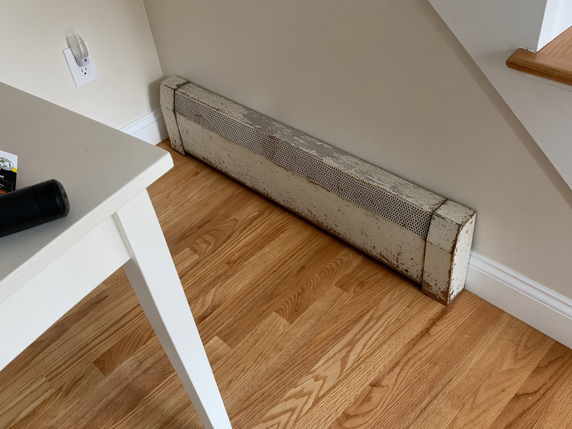 Rusty baseboard heater before cover installation